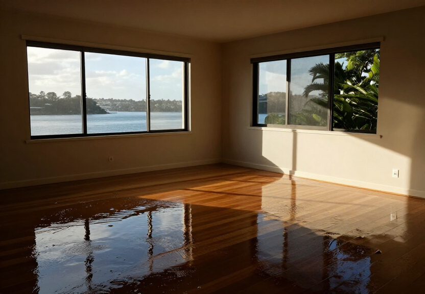 Flooded living room in Denistone West before restoration